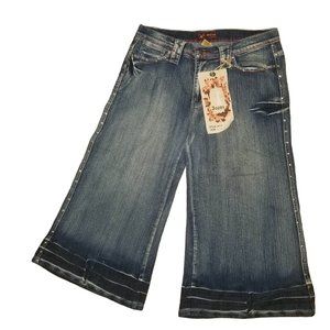 NWT Neeso Womens Blue Denim Wide Capri Pants Medium Wash Stretch Size 11/12